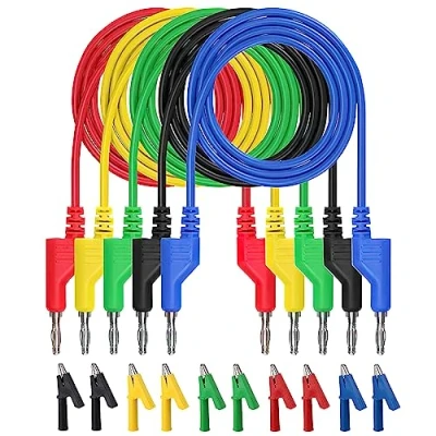 Immagine di VOSSOT 5 cavi di misurazione multimetri, 4 mm, colori, set con 10 morsetti a coccodrillo, cavo lsolato, doppio morsetto, multimetro, tester tensione