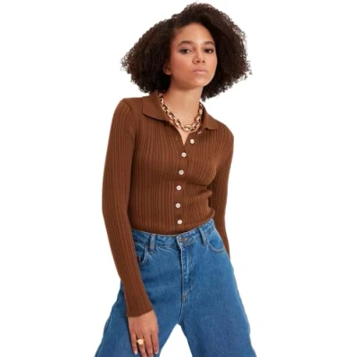 Immagine di Trendyol Cardigan da Donna Regular Standard con Collo a Polo Maglione, Marrone, S