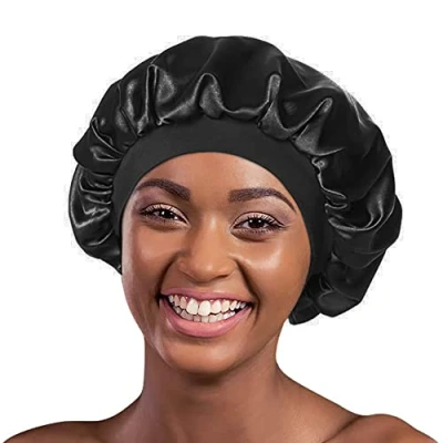 Immagine di Elegante cuffia da notte in raso a doppio strato, con fascia larga, per la bellezza dei capelli Black Double Layer Etichettalia unica