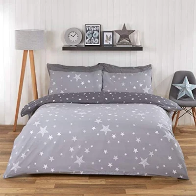 Immagine di Dreamscene Set di biancheria da letto double face con copripiumino e federa, per bambini, motivo: stelle galassia, colore: grigio argento/carbone, matrimoniale