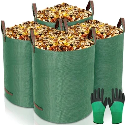 Immagine di ZQEJEFD 4 x Sacchi da Giardinaggio Professional 272L, per Rifiuti Giardino, Polipropilene (PP) Robusto, Impermeabili, Antistrappo,e Riutilizzabili Borsa Giardino,Include Guanti Protettivi