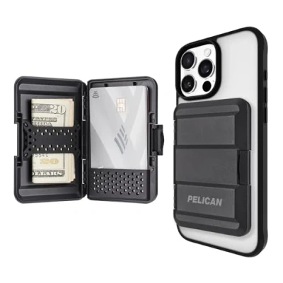 Immagine di Pelican portafoglio magnetico e porta carte di credito, MagSafe resistente a scatto, guscio rigido staccabile leggero per iPhone 14 Pro Max/14 Pro/14/13 Max/13 Pro/12 Max, nero