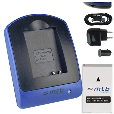 Immagine di Batteria + Caricabatteria (USB/Auto/Corrente) per Nikon EN EL24 / 1 J5, 1J5 DL18 50, DL24 85