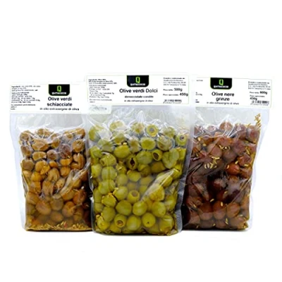 Immagine di Tris Olive Quattrociocchi: Schiacciate, Verdi Denocciolate e Nere Grinze in Olio Extra Vergine di Oliva