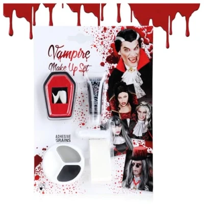 Immagine di com four® Set Trucco Halloween da 5 Pezzi Accessori per Costume Vampiro con Denti Vampiro, Sangue Finto, Spugna, Perline adesive e tavolozza Il
