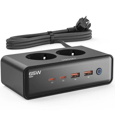 Immagine di VOOMY Ciabatta Multipresa con 65W USB C Carica Rapida, Presa Multipla Salvaspazio 2 Spina AC, (2 &amp; A), Elettrica Interruttore e Cavo da 2m