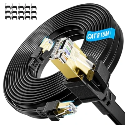 Immagine di Soibke Cavo Ethernet 15 Metri, Cat 8 LAN 15m 40Gbps 2000MHz Alta Velocità Fibra di Rete Gigabit RJ45 Piatto Patch Nero Internet lungo Impermeabile per PC, Router, Modem