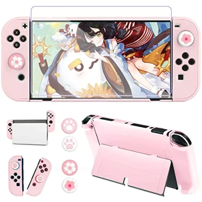 Immagine di OLDZHU Custodia Compatibile con Nintendo Switch OLED,Cover Protettiva Ultra Sottile Rosa Per Console NS OLED e Controller Joy con,con Protezione Schermo in Vetro Temperato Cappucci Pollice