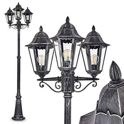 Immagine di lampada da esterno Lignac, candelabro in stile antico, fusione di alluminio nero/argento con vetro, luce percorso a 3 bracci, max. 245 cm, E27, giardino retro, IP44, senza lampadina/e