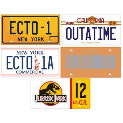 Immagine di OPO 10 Lotto di 5 repliche targhe delle Auto dei 3 Film Jurassic + Ghostbusters Back TO The Future (PF04)