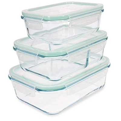 Immagine di Navaris Contenitori in Vetro Ermetici per Alimenti Set 3x Contenitore Microonde Freezer Lavastoviglie Coperchio e Divisore 3 Misure Rettangolari