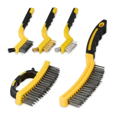 Immagine di Relaxdays Spazzole Metalliche, Set da 5, Setole in Acciaio, Nylon e Ottone, Manico Ergonomico Plastica, Giallo Nero