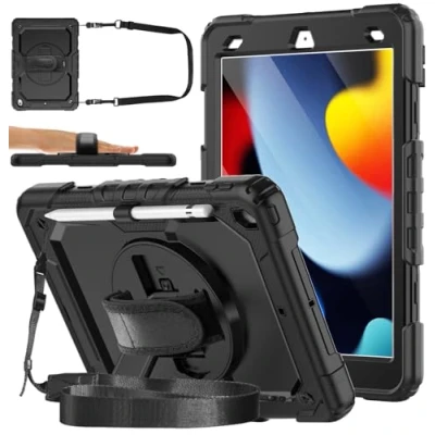 Immagine di DAORANGE Custodia Cover per iPad 9a / 8a 7a Generazione (iPad 10,2 Pollici 2021/2020/2019), Antiurto con Pellicola Protettiva, Supporto Girevole a 360, Cinturino Mano e Tracolla (Nero)