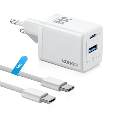 Immagine di NOHON Caricatore USB C Rapido Caricabatterie: 35W GaN Alimentatore C, 2 Porte Spina con Cavo 60W 1M, Compatibile per iPhone 15 14 13 12 Pro Max/iPad Mini/Samsung (Bianco)
