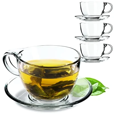 Immagine di KADAX tazza in vetro con piattino, 200 ml/250 ml, set di tazze trasparente, da tè, caffè, sottobicchieri (lea/4 pezzi)