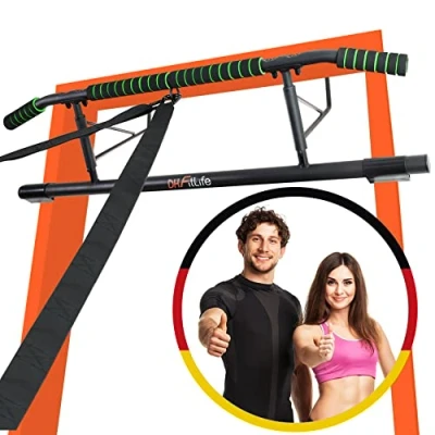 Immagine di DH FitLife Barra per trazioni da porta sbarra senza Viti, montaggio facile e veloce Pull Up Bar Pieghevole con elastici alla inclusi 70 a 92 cm