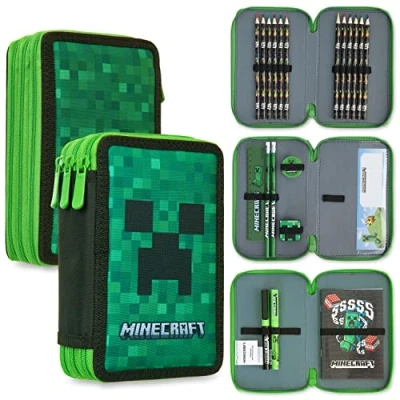 Immagine di MINECRAFT Astuccio Matite per Bambini con Scomparti Multipli, Include Accessori Scuola (Verde Creeper)