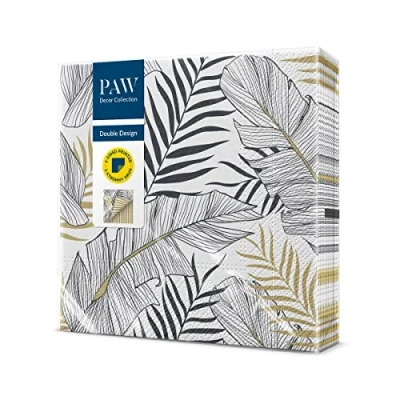 Immagine di PAW Tovaglioli di Carta Colorati (33 x 33 cm) I 20 Pezzi Compleanno Stampato su Entrambi Lati Foglie, Oro, Argento, Strisce Exotic Leaves Stripe