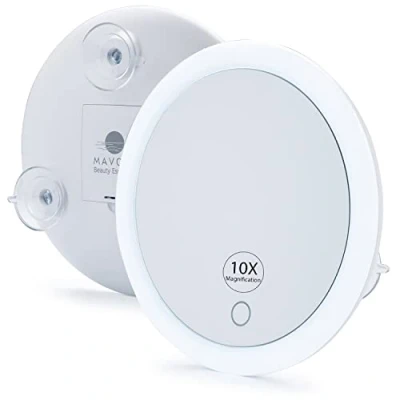 Immagine di Specchio ingranditore 10X con luce LED e 3 forti ventose, compatto illuminato (4 batterie AAA)