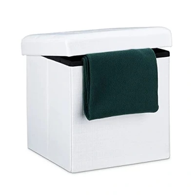 Immagine di Relaxdays Pouf Pieghevole Con Contenitore, Sgabello a Forma di Cubo, Lino, Coperchio Rimovibile, 38x38x38 cm, Bianco