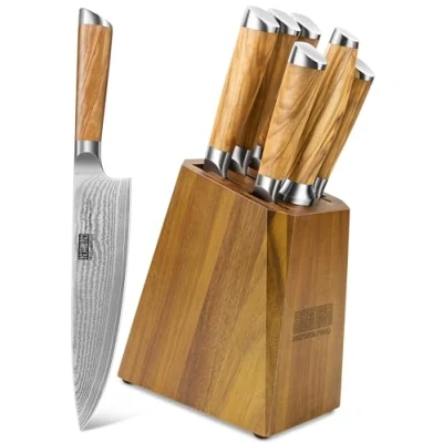 Immagine di HOSHANHO Set di Coltelli da Cucina con Ceppo Damasco 7 Pezzi, Coltello Chef Giapponese Acciaio 67 Strati Lmpugnatura Ergonomica
