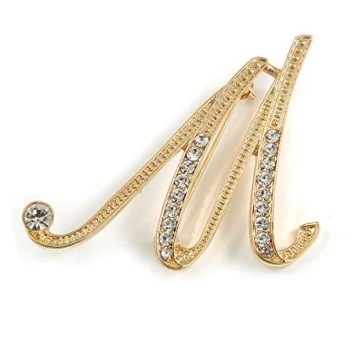 Immagine di Spilla a forma di lettera M placcata in oro con cristalli trasparenti, iniziale, idea regalo 40 mm altezza, Misura unica, Pietra preziosa, metallo