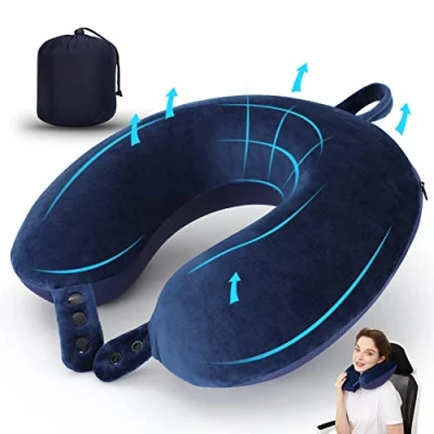Immagine di TALLGO cuscino cervicale da viaggio, in memory foam per aeroplano, supporto la testa, morbido regolabile aereo, auto e casa reclinabile (blu scuro)