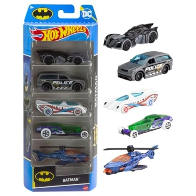 Immagine di Hot Wheels Confezione da 5 macchinine a tema Batman, veicoli collezionare in scala 1:64 per tutti i fan del supereroe DC, giocattolo bambini, 3+ anni, HXD61