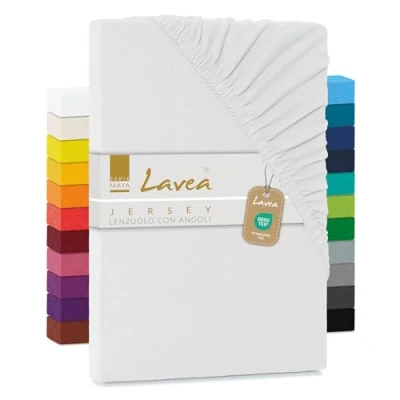 Immagine di Lavea, lenzuolo in jersey con angoli, serie Maya, 100% Cotone, lavorazione di alta qualità, elastico, certificazione Oeko Tex 100, bianco, 120 x 200 cm