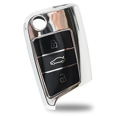Immagine di Finest Folia Caso di Protezione per la Chiave dell&#039;auto con 3 Tasti Design Custodia Chiavi Cover in Silicone TPU Case Accessori Veicoli VB (Cromo Argento)