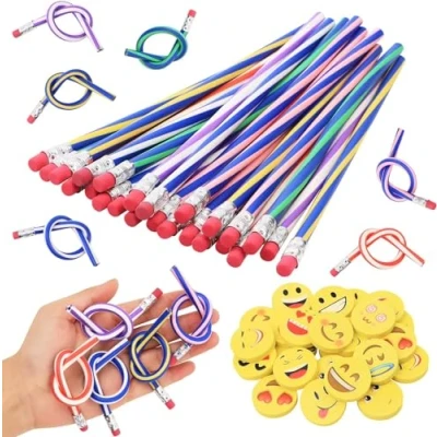 Immagine di VEUWOLM 48 Pezzi Matite Flessibili e Gomme Emoji Set, 24 Matita Flessibile Flessibili, Emoji, Regalo Bambini Magiaper feste Favor
