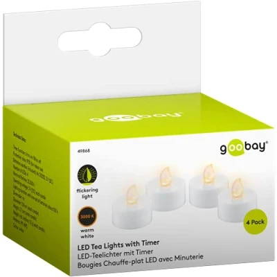 Immagine di goobay 49868 Set di 4 lumini LED con funzione timer, luce bianca calda, 3,8 cm/3,7 cm altezza, bianco, batterie incluse (CR2032)