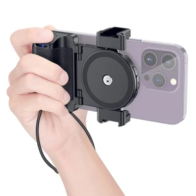 Immagine di Impugnatura Compatta Smartphone Grip con Wireless Telecomando Bluetooth Staccabile Doppio Supporto Freddo 1/4 20 Vite Compatibile iPhone 16 15 14 13 12 11 Galaxy PIXEL MATE per Foto Vlog (Nero)