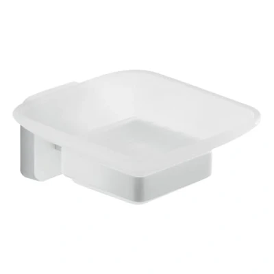 Immagine di GEDY Portasapone Tonga, Porta Saponetta in Acciaio Inox, Cromall e Vetro Satinato, Fissaggio con Viti Incluse o Biadesivo, Bianco Matt, 10,5x11,6x5cm