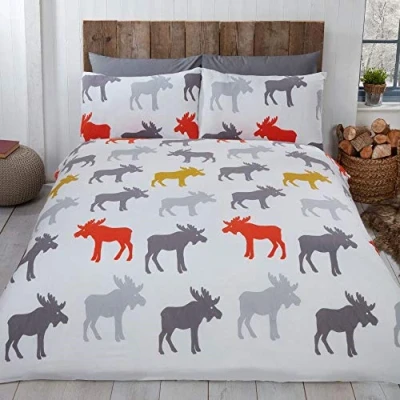 Immagine di Rapport Set di biancheria da letto con copripiumino e federe, 100% flanella cotone spazzolato, motivo alce (ocra, super king)