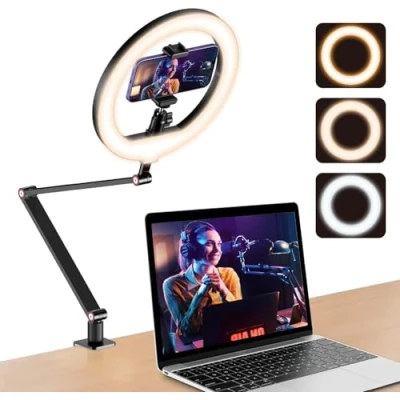 Immagine di Ring Light da 10&#039;&#039; per l&#039;ufficio con supporto e telefono, Tripod Light, lampada videoconferenza braccialetto dell&#039;ufficio regolabile YouTube, Tiktok