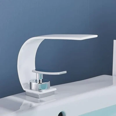 Immagine di Rubinetto Bagno Cascata, Miscelatore Monocomando Lavabo Bianco Stile Moderno Ottone Per Lavabo, Regolazione A Caldo E Freddo