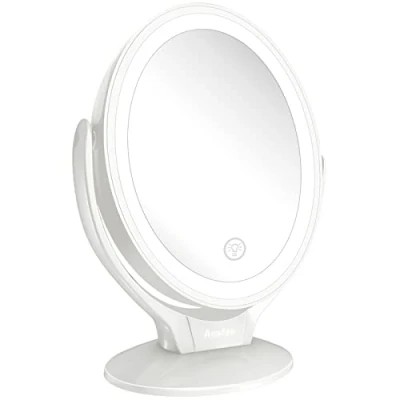 Immagine di Aesfee Specchio da Trucco con Luci LED, Ingrandimento 1x/7x Cosmetico a Doppia Faccia Ruotabile di 360, Interruttore Tocca, Illuminato Portatile per Viaggio,Bagno