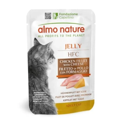 Immagine di Almo Nature HFC Jelly per Gatti Adulti Cibo Umido con 100% Filetto di Pollo &amp; Formaggio Freschi Qualità HFC. Pacco da 24 Bustine x 55g cad.