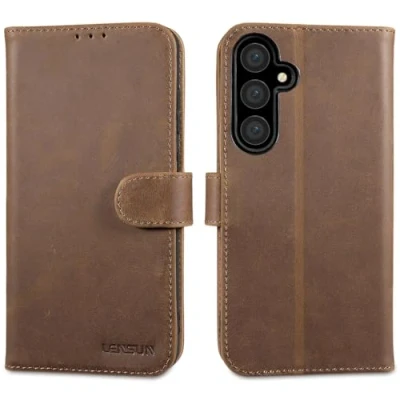 Immagine di Lensun Cover per Samsung Galaxy S24 FE, Custodia in Vera Pelle Telefono Libro con Portafoglio Chiusura Magnetico Flip Custodie Cuoio S24FE 5G Marrone Scuro Retrò