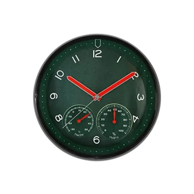 Immagine di MPM Quality Orologio da parete in plastica, verde, motore a passo al quarzo, igrometro, termometro, indicatore di temperatura e umidità, quadrante originale, E01.3084.40, ∅ 314 x 45 mm