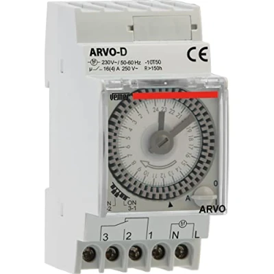 Immagine di Vemer VP882500 ARVO D Interruttore Orario Elettromeccanico a Cavalieri, Timer con Programmazione Giornaliera, 2,5 Moduli DIN, Grigio