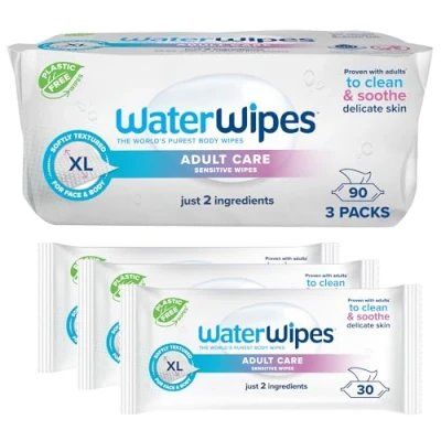 Immagine di WaterWipes Adult Care Sensitive, 90 salviette (3 Confezioni), umidificate extra large a base di acqua, progettate per la pulizia completa