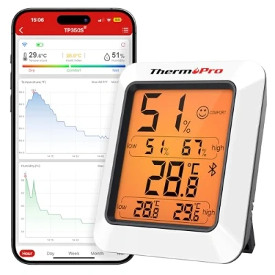 Immagine di ThermoPro Termoigrometro per Casa TP350, Termometro Bluetooth Serra da Interni Monitor Fino a 80m, Sensore di Temperatura Misuratore Umidità Retroilluminato con Esportazione Dati 2 Anni