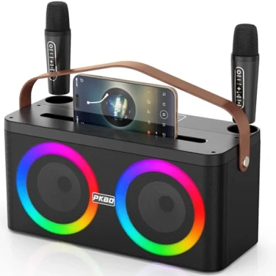 Immagine di PKBD Karaoke Microfono con Supporto per Telefono/Pad, Altoparlante Portatile Bluetooth 2 Microfoni Wireless/Luci LED/Sistema PA Feste in Casa, Regali Esterni/Interni/di Compleanno