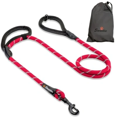 Immagine di Guinzaglio per cani in corda rossa, resistente, con 2 manici imbottiti, 1,5 m, di taglia media e grande, riflettente, resistente alle intemperie.