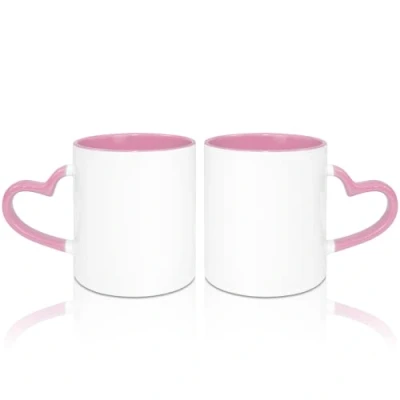 Immagine di MR.R Tazze da caffè vuote sublimazione 311,8 g, tazza bianca con di colore rosa interna e manico a cuore, set 2