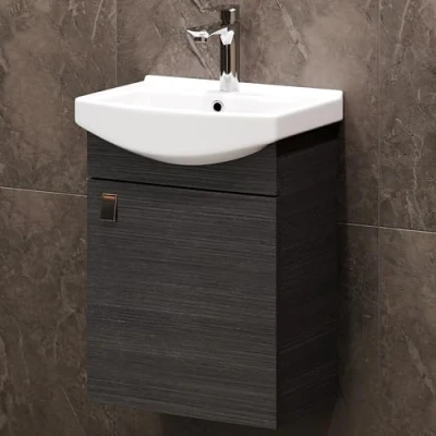 Immagine di Planetmöbel set di mobili da bagno composto lavabo con mobiletto 45 cm in antracite, e rubinetto cromo, senza tempo