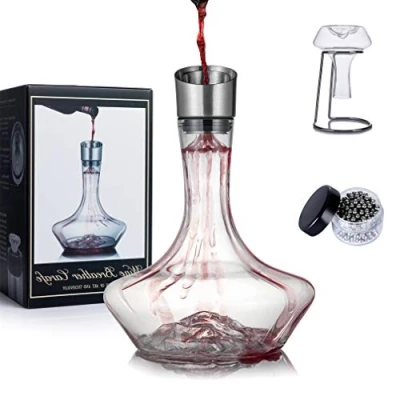Immagine di decanter per Vino, Vino Iceberg con Filtro Aeratore, Base Asciugatura e Perline Pulizia, Caraffa Rosso in Cristallo Soffiato a Mano al 100% Senza Piombo (1400ml)
