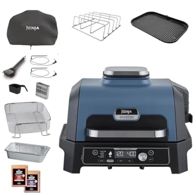 Immagine di Ninja Woodfire Pro Connect XL Barbecue Elettrico, Griglia, Affumicatore, Friggitrice ad Aria 7 in 1, Controllo con App, 2 Termometri, Griglia per Costicine, Copertura e Spazzola, Blu/Nero, OG901EUAMZ